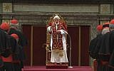 Pope Benedict XVI delivers his final greetings to the assembly of cardinals at the Vatican, Thursday, February 28, 2013 (photo credit: AP Photo/Vatican TV)