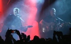 Yesh Atid party chairman Yair Lapid (left) pays homage to the Beatles Saturday at a celebration marking the end of his successful campaign. (screen capture from Walla)