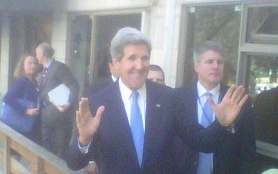 John Kerry at a Jerusalem cafe on Wednesday (photo credit: Yoni Forsyth)