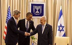 President Shimon Peres meets with U.S. President Barack Obama and US Secretary of State John Kerry at Peres' residence in Jerusalem on March 20, 2013. Obama is on an official state visit to Israel and the Palestinian Territories. (photo credit: Uri Lenz/Flah90)