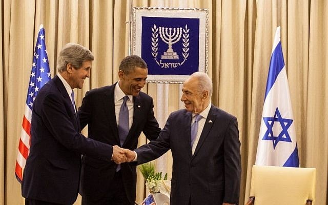 President Shimon Peres meets with U.S. President Barack Obama and US Secretary of State John Kerry at Peres' residence in Jerusalem on March 20, 2013. Obama is on an official state visit to Israel and the Palestinian Territories. (photo credit: Uri Lenz/Flah90) President Shimon Peres meets with U.S. President Barack Obama and US Secretary of State John Kerry at Peres' residence in Jerusalem on March 20, 2013. Obama is on an official state visit to Israel and the Palestinian Territories. (photo credit: Uri Lenz/Flah90)