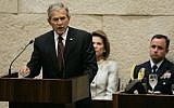 Illustrative: Former US president George W. Bush speaks to a special session of the Knesset, May 15, 2008. (photo credit: AP/Ariel Schalit/pool)
