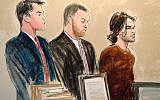 In this courtroom artist's rendering, Abdel Hameed Shehadeh, right, appears in Brooklyn federal court in November on charges he made false statements to US authorities. (Elizabeth Williams/AP)