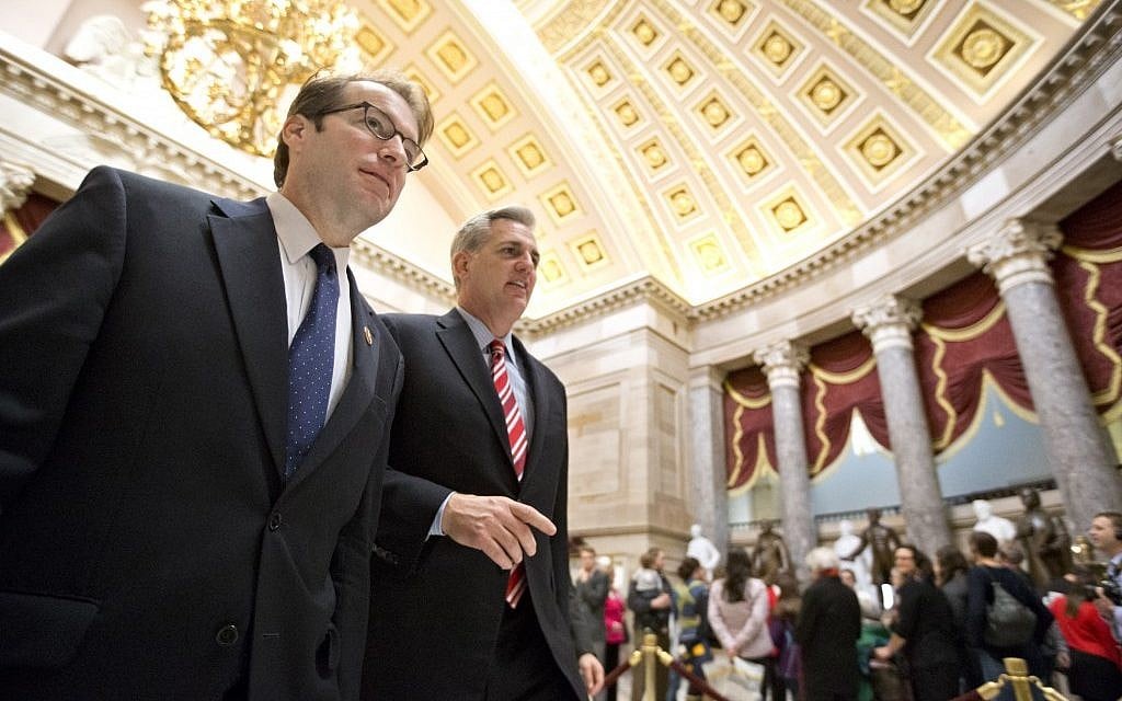 Rep. Peter Roskam, R-Ill., left, and House Majority Whip Kevin McCarthy of Calif., shuttle between the House floor and the offices of House Speaker John Boehner, on Capitol Hill in Washington, Friday, Jan. 4 (photo credit: AP/J. Scott Applewhite) Rep. Peter Roskam, R-Ill., left, and House Majority Whip Kevin McCarthy of Calif., shuttle between the House floor and the offices of House Speaker John Boehner, on Capitol Hill in Washington, Friday, Jan. 4 (photo credit: AP/J. Scott Applewhite)