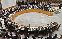 UN Security Council members vote during a March meeting  (photo credit: AP/Bebeto Matthews/File)