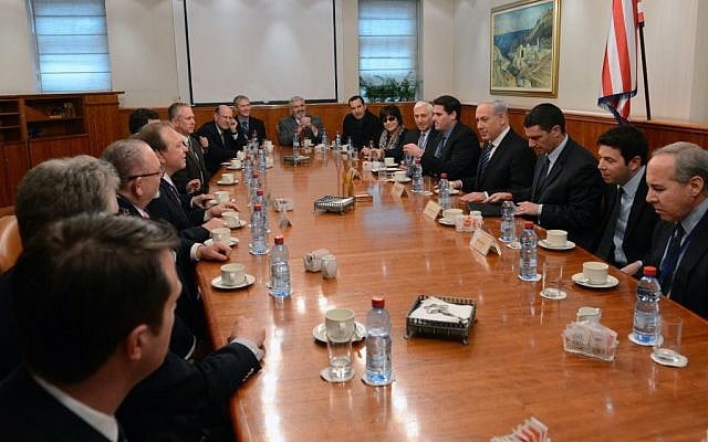 A delegation of the Council for a Secure America meets with Prime Minister Benjamin Netanyahu last month in Jerusalem. (Admon HaCohen, Courtesy of the Council for a Secure America via JTA) A delegation of the Council for a Secure America meets with Prime Minister Benjamin Netanyahu last month in Jerusalem. (Admon HaCohen, Courtesy of the Council for a Secure America via JTA)