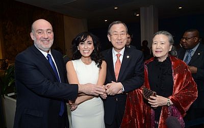 Rita with Ambassador Ron Prosor, and UN Secretary General Ban Ki-moon and his wife, March 5 (photo credit: Shahar Azran)