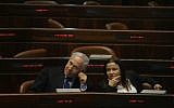 Benjamin Netanyahu and Shelly Yachimovich during a Knesset session in 2007 (photo credit: Michal Fattal/Flash90)