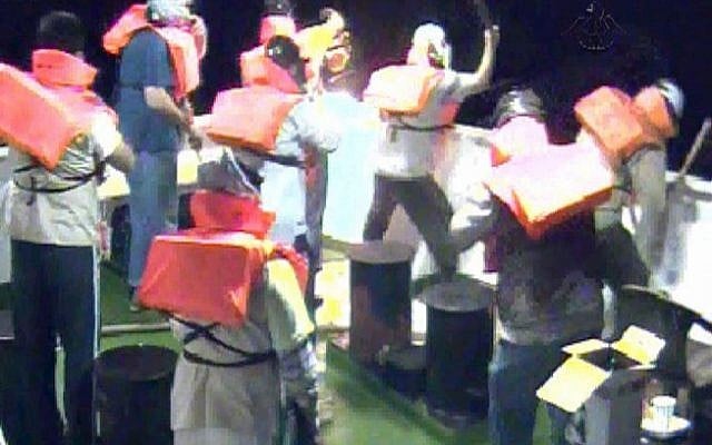 Passengers on the deck of the Mavi Marmara on May 31, 2010 (IDF Spokesperson's Office/ Flash 90)