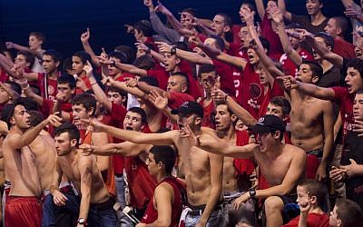 Israeli basketball fans today do not have as much to cheer about as did these supporters of the Hapoel Jerusalem team against Maccabi Ashdod in November 2012. (photo credit: Yonatan Sindel/Flash90)