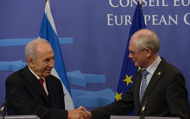 Shimon Peres and Herman Van Rompuy in Brussels Wednesday. (photo credit: Moshe Milner/GPO/Flash90)