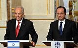 French President Francois Hollande during a joint press conference with President Shimon Peres at the Elysee Palace in Paris, France, Friday (photo credit: Moshe Milner/GPO/Flash90)