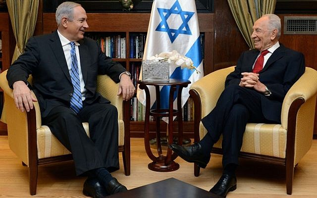 Israel's President Shimon Peres meets with Likud-Beytenu leader and Prime Minister Benjamin Netanyahu in Peres's office in Jerusalem on March 16, 2013. Netanyahu met with Peres to inform the president he has formed a coalition with Yesh Atid, Jewish Home and the Hatnua party. (Photo credit: Kobi Gideon / GPO/FLASH90) Israel's President Shimon Peres meets with Likud-Beytenu leader and Prime Minister Benjamin Netanyahu in Peres's office in Jerusalem on March 16, 2013. Netanyahu met with Peres to inform the president he has formed a coalition with Yesh Atid, Jewish Home and the Hatnua party. (Photo credit: Kobi Gideon / GPO/FLASH90)
