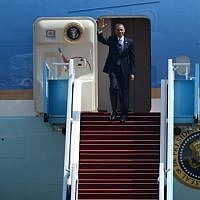President Barack Obama waves as he arrives at Ben Gurion Airport on March 20 2013. (photo credit: Kobi Gideon/GPO / FLASH90)