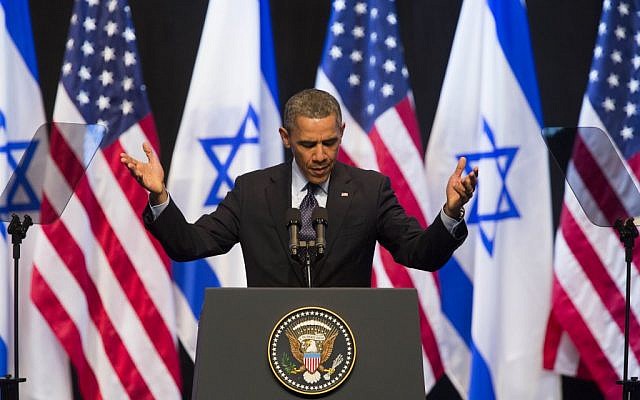 US President Barack Obama delivers a speech at the International Convention Center in Jerusalem, Thursday. (photo credit: Yonatan Sindel/Flash90) US President Barack Obama delivers a speech at the International Convention Center in Jerusalem, Thursday. (photo credit: Yonatan Sindel/Flash90)