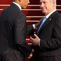 President Barack Obama says goodbye to Prime Minister Benjamin Netanyahu on Friday at the airport (photo credit: Miriam Alster/Flash90)