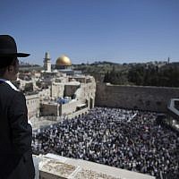 A young man looks down at the thousands gathered for the traditional priestly blessing at the Western Wall in Jerusalem, March 28, 2013. (photo credit: Yonatan Sindel/Flash90)