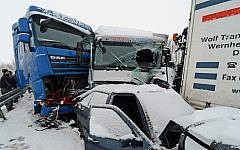 Illustrative photo of a massive vehicular crash near Woelfersheim, Germany, caused by extreme weather conditions earlier this week. (photo credit: AP/DPA/Boris Roessler)