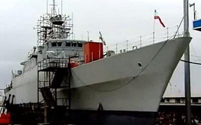Iran's Jamaran-2 destroyer docked at a shipyard ahead of deployment (photo credit: image capture YouTube)
