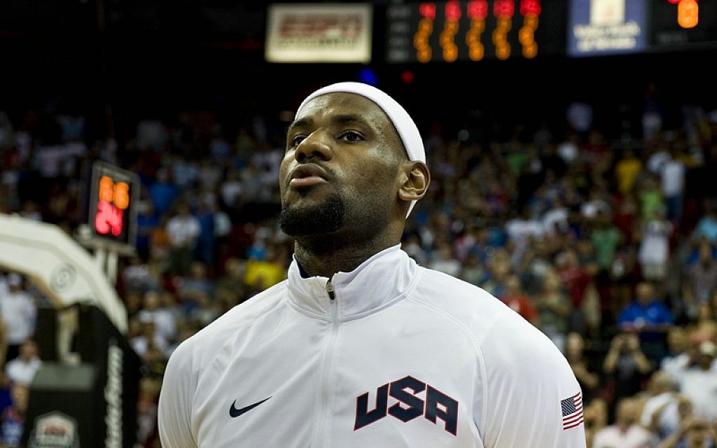 Lebron James sings the national anthem prior to the start of a team USA exhibition game against the Dominican Republic, July 12, 2012, at the Thomas and Mack Center, Las Vegas, Nevada, (photo credit: Wikimedia Commons) Lebron James sings the national anthem prior to the start of a team USA exhibition game against the Dominican Republic, July 12, 2012, at the Thomas and Mack Center, Las Vegas, Nevada, (photo credit: Wikimedia Commons)