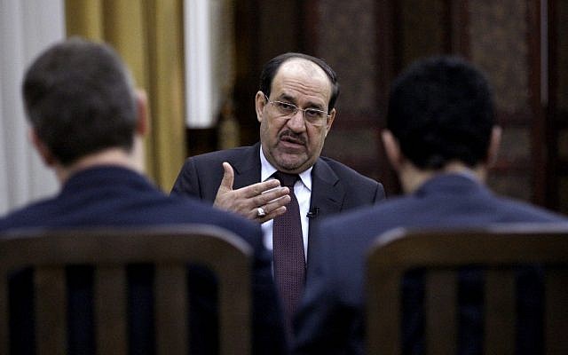 Iraq's Prime Minister Nouri al-Maliki speaks during an interview with The Associated Press in Baghdad, Iraq, Wednesday, Feb. 27, 2013 (photo credit: AP/Khaled Mohammed)