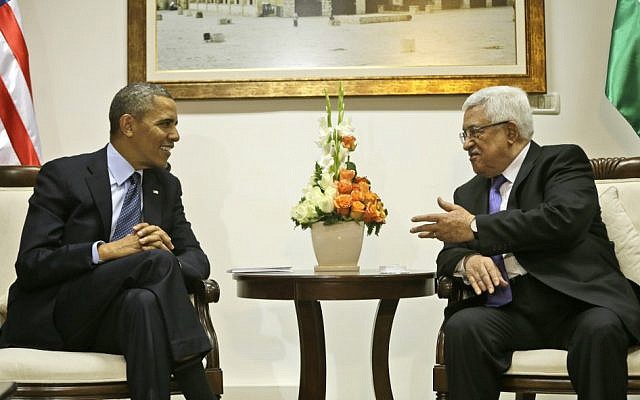 US President Barack Obama, left, listens to Palestinian President Mahmoud Abbas during a meeting at the Muqata Presidential Compound in the West Bank city of Ramallah, last March (photo credit: AP/Pablo Martinez Monsivais/File) US President Barack Obama, left, listens to Palestinian President Mahmoud Abbas during a meeting at the Muqata Presidential Compound in the West Bank city of Ramallah, last March (photo credit: AP/Pablo Martinez Monsivais/File)