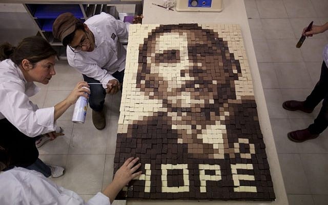 Students of Estella's school for bakery and pastry making, work on an image depicting US President Barack Obama made out of chocolate in Givat Shmuel, central Israel, on Monday, March 18, 2013. (photo credit: AP Photo/Ariel Schalit) Students of Estella's school for bakery and pastry making, work on an image depicting US President Barack Obama made out of chocolate in Givat Shmuel, central Israel, on Monday, March 18, 2013. (photo credit: AP Photo/Ariel Schalit)