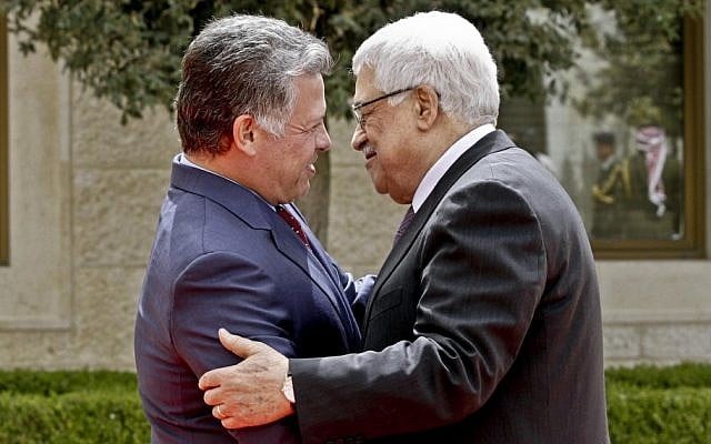 King Abdullah II of Jordan, left, welcomes Palestinian Authority President Mahmoud Abbas after his arrival at the Royal Palace in Amman, Jordan, in March, 2013. (AP Photo/ Raad Adayleh) King Abdullah II of Jordan, left, welcomes Palestinian Authority President Mahmoud Abbas after his arrival at the Royal Palace in Amman, Jordan, in March, 2013. (AP Photo/ Raad Adayleh)