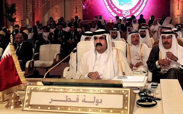 Emir of Qatar Sheik Hamad bin Khalifa Al Thani, center, attends the opening session of the Arab League Summit in Doha, Qatar in March 2013. (photo credit: AP/Ghiath Mohamad) Emir of Qatar Sheik Hamad bin Khalifa Al Thani, center, attends the opening session of the Arab League Summit in Doha, Qatar in March 2013. (photo credit: AP/Ghiath Mohamad)