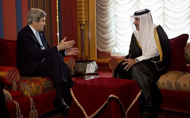 US Secretary of State John Kerry meets with Qatari Prime Minister and Foreign Minister Sheik Hamad bin Jassim Al Thani, at Wajbah Palace, in Doha, Qatar on Tuesday, March 5 (photo credit: AP/Jacquelyn Martin)