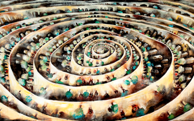 "Mortal Coil" portrays civilization as wrapped in a roll -- or possibly a scroll. (Courtesy of David Breuer-Weil) "Mortal Coil" portrays civilization as wrapped in a roll -- or possibly a scroll. (Courtesy of David Breuer-Weil)