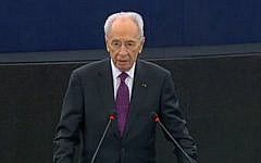 Shimon Peres addresses the European Parliament, March 12 (photo credit: EU screenshot)