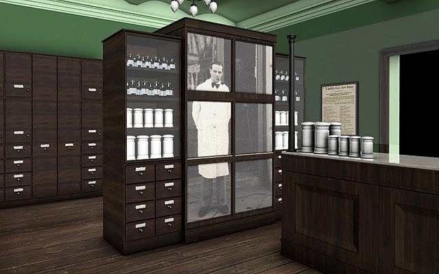 An image of Tadeusz Pankiewicz adorns a display in Krakow's newly refurbished Pharmacy Under the Eagle. (Courtesy of Monika Bednarek/Historical Museum of Krakow)