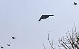 A US Air Force B-2 stealth bomber flies over near Osan US Air Base in Pyeongtaek, south of Seoul, South Korea, March 28, 2013 (AP/Shin Young-keun, Yonhap)