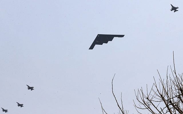 A US Air Force B-2 stealth bomber flies over near Osan US Air Base in Pyeongtaek, south of Seoul, South Korea, March 28, 2013 (AP/Shin Young-keun, Yonhap) A US Air Force B-2 stealth bomber flies over near Osan US Air Base in Pyeongtaek, south of Seoul, South Korea, March 28, 2013 (AP/Shin Young-keun, Yonhap)