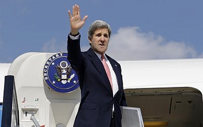 US Secretary of State John Kerry waves as he boards his plane in March (photo credit: AP/Jacquelyn Martin)