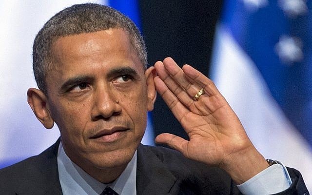 US President Barack Obama looks toward the crowd and strains to hear an audience member's shout to him during his speech at the International Convention Center in Jerusalem, on March 21, 2013. (AP Photo/Carolyn Kaster) US President Barack Obama looks toward the crowd and strains to hear an audience member's shout to him during his speech at the International Convention Center in Jerusalem, on March 21, 2013. (AP Photo/Carolyn Kaster)