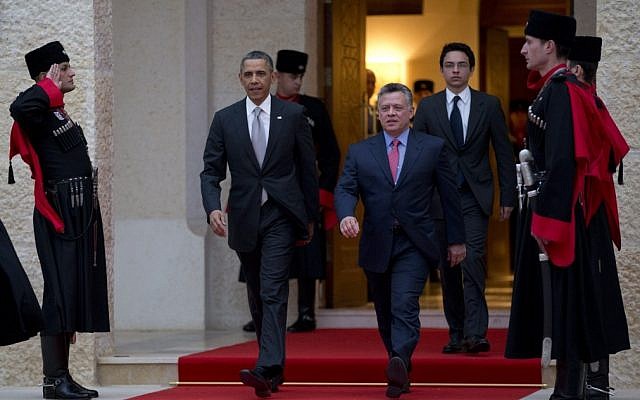 US President Barack Obama walks with Jordan's King Abdullah II to participate in an official arrival ceremony at the Al-Hummar Palace on Friday, March 22, 2013, in Amman, Jordan. (photo credit: AP/Carolyn Kaster) US President Barack Obama walks with Jordan's King Abdullah II to participate in an official arrival ceremony at the Al-Hummar Palace on Friday, March 22, 2013, in Amman, Jordan. (photo credit: AP/Carolyn Kaster)