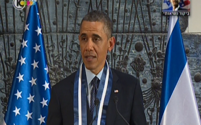 US President Barack Obama speaks at a state dinner after receiving the Presidential Medal of Distinction on March 21, 2013. (photo credit: image capture from Channel 10)