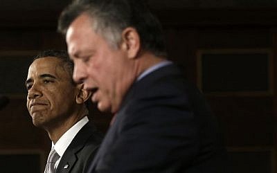 President Barack Obama listens as Jordan's King Abdullah II speaks during their joint new conference at the King's Palace in Amman, Jordan Friday, March 22, 2013. (photo credit: AP Photo/Pablo Martinez Monsivais)