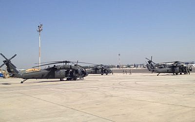 US Black Hawk helicopters at the airport (photo credit: Matti Friedman/Times of Israel)