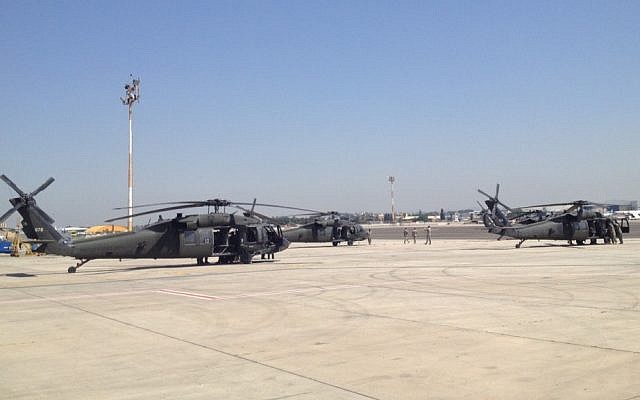 US Black Hawk helicopters at the airport (photo credit: Matti Friedman/Times of Israel)