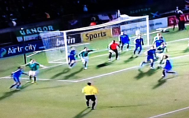 Israel (in blue) in action against Northern Ireland in Belfast on Tuesday night (photo credit: Sport5 screenshot) Israel (in blue) in action against Northern Ireland in Belfast on Tuesday night (photo credit: Sport5 screenshot)