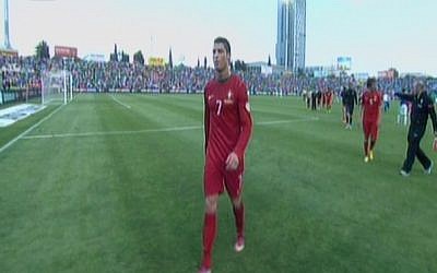 Portuguese front man Christiano Ronaldo, at the Ramat Gan national stadium, Friday, March 22, 2013 (image capture: Channel 1)
