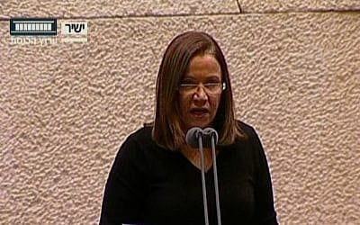Shelly Yachimovich speaking to the Knesset on Monday. (Screenshot: Knesset TV)