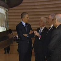 From left: Obama, the Israel Museum's James Snyder, Netanyahu and Museum chair Yitzhak Molcho, visiting the Shrine of the Book to see the Dead Sea Scrolls. (screenshot: Channel 2)