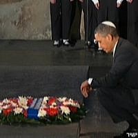 US President Barack Obama pauses in contemplation after laying a wreath in memory of the six million Jews who perished in the Holocaust, at Yad Vashem on Friday, March 22 (photo credit: Channel 2 screenshot)