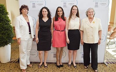 File: Winners of the Israeli competition of the L'oreal-UNESCO Women In Science event, held July 2013.
Left to right: Professor Hagit Yaron-Meser, Chairperson of the Open University; Prize winners Osnat Zomer-Penn, Dr. Efrat Shamah-Yaakovi, and Gili Bisker; and Ruth Arnon, director of the Israeli Academy of Sciences (Lamm and Velich Photo Studio)