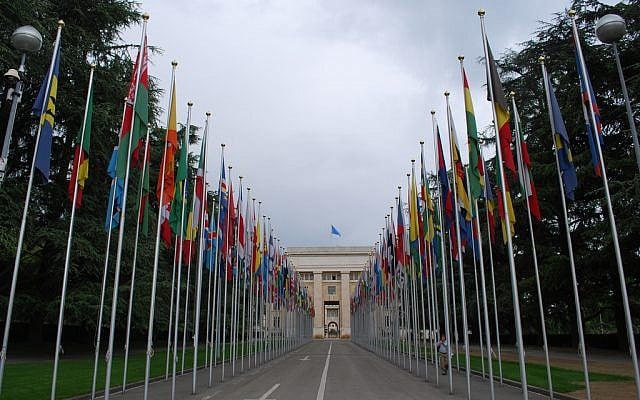 Flags outside the UN's Palais de Nations in Geneva. (photo credit: CC BY kevingessner, Flickr) Flags outside the UN's Palais de Nations in Geneva. (photo credit: CC BY kevingessner, Flickr)