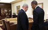 Benjamin Netanyahu speaking to Barack Obama at the Prime Minister's Residence in Jerusalem in March  2013. (photo credit: Pete Souza/Official White House)